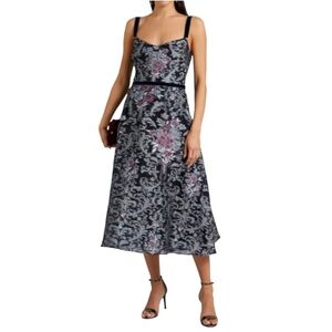 Marchesa Notte Flared Metallic Fil Coupé Organza Midi Dress Size 12 VGUC